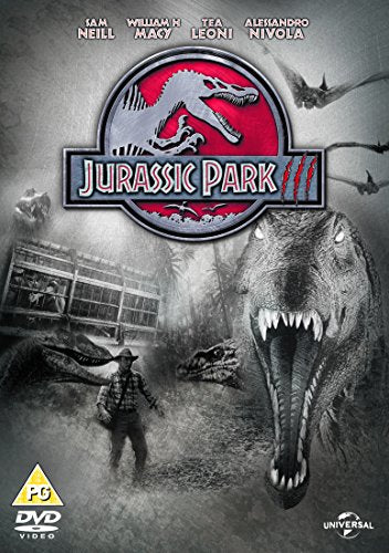 Jurassic Park III DVD cover with dinosaurs, a man, and jungle scenery.