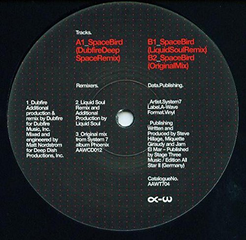 Black vinyl record with red and white text on a black background.