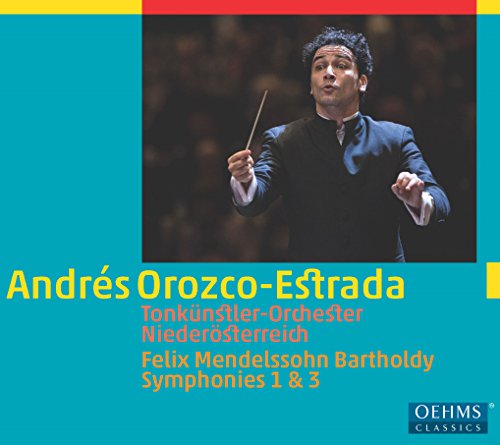 Conductor Andres Orozco-Estrada on a teal, red, and yellow album cover.