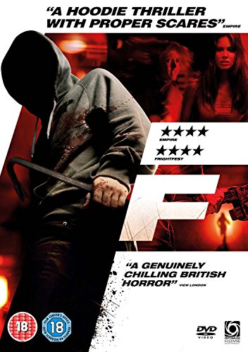 DVD cover for horror film "F" featuring a hooded figure with a weapon.
