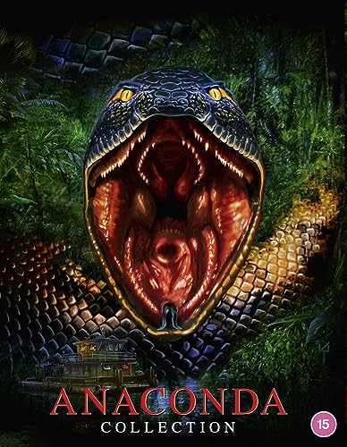 A giant snake with its mouth wide open in a jungle setting above a boat.