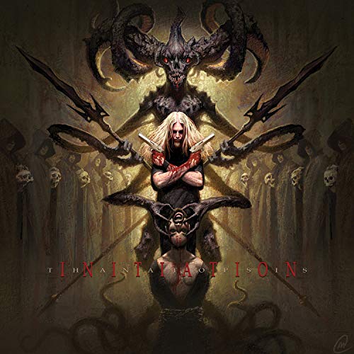 Dark fantasy album cover featuring a figure with weapons and demonic imagery.