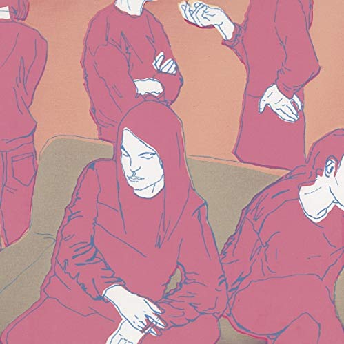 Red-toned illustration of a woman and figures in a group setting.