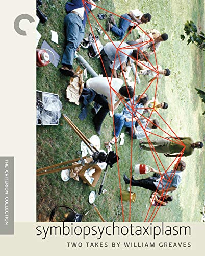 Blu-ray cover for "Symbiopsychotaxiplasm" showing people connected by red lines on grass.