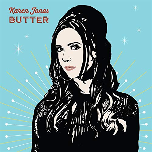 Illustrated portrait of Karen Jonas against a light blue background with starburst accents.