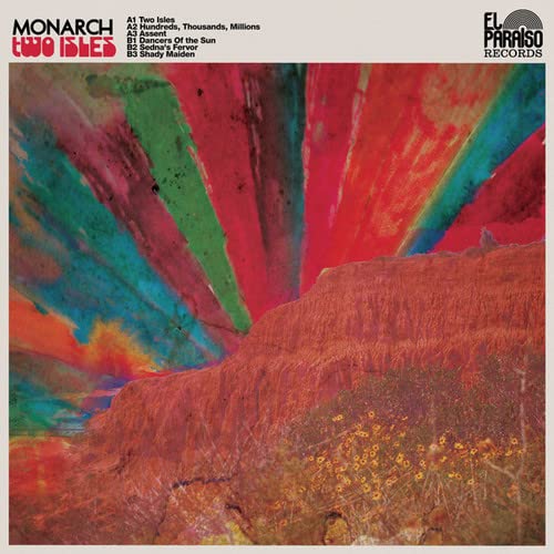 CD cover for Monarch’s “Two Isles” with abstract colorful landscape.