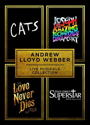 DVD cover for Andrew Lloyd Webber musicals collection: Cats, Joseph, Superstar, Love Never Dies.