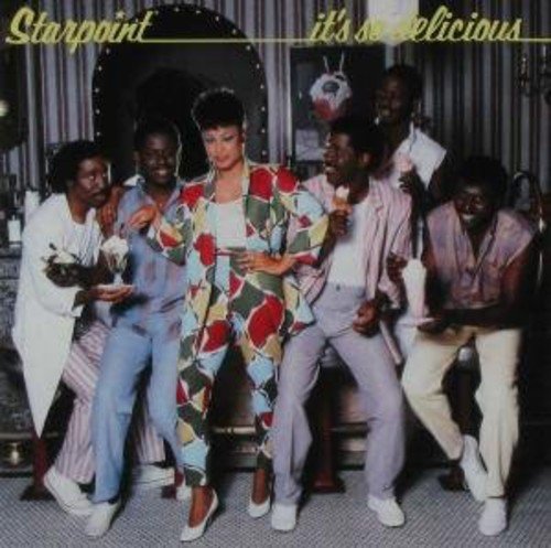 Album cover with a woman and four men, all smiling and holding ice cream.