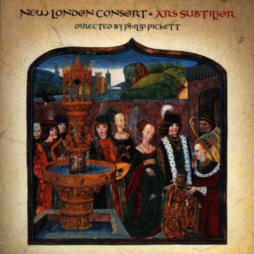 Medieval-style album cover with a group of people around a fountain.