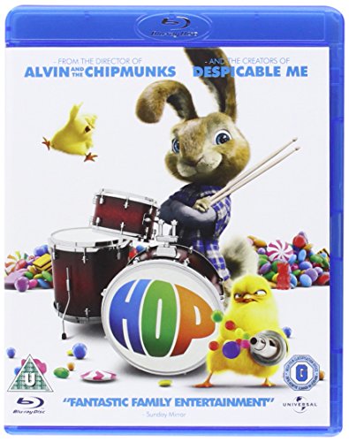 The Hop Blu-ray cover features a rabbit playing drums with yellow chicks and candy.