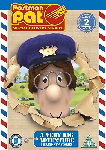 "DVD cover featuring Postman Pat peeking through torn paper, wearing a blue postal hat."