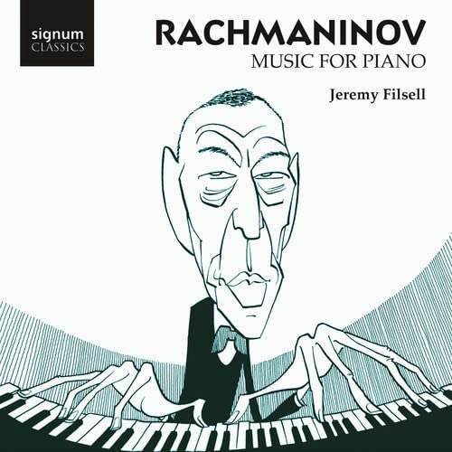 CD cover: Caricature of Rachmaninoff at a piano, white background.