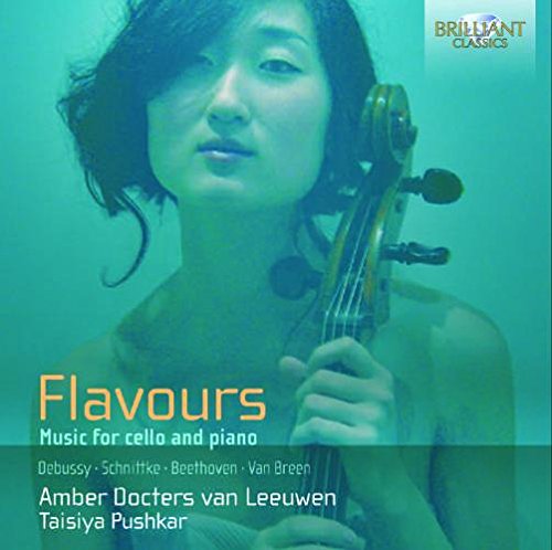 "CD cover featuring a woman holding a cello with blue-toned background and text overlay."