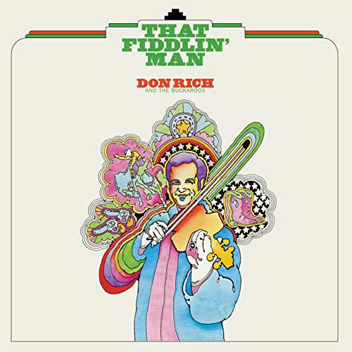 "Album cover with cartoon man holding fiddle, surrounded by psychedelic designs, on beige background."