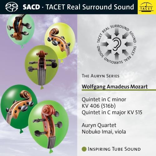 CD cover for Mozart quintets by the Auryn Quartet, with violin images.
