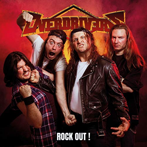 Four long-haired musicians in a rock band pose with energy.