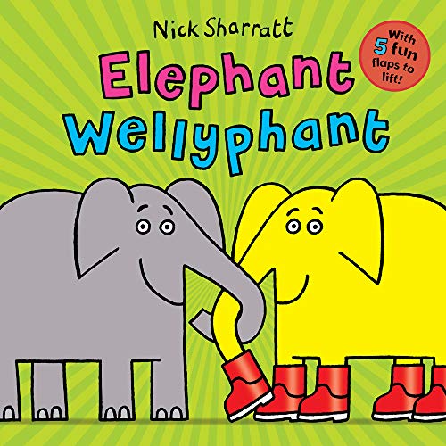 "Children's book cover featuring cartoon elephants, one grey, one yellow, wearing red boots."