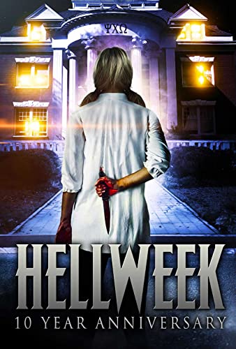 Woman with a knife facing a large, illuminated building; "Hellweek" DVD cover.