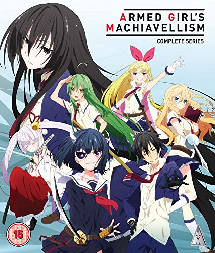 The image depicts the cover of the "Armed Girl's Machiavellism" Blu-ray, featuring seven anime girls. For accessibility purposes, a suitable alt text could be: "Blu-ray cover featuring seven anime girls in dynamic poses."