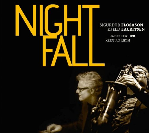 "CD cover with 'Night Fall' in yellow, featuring two musicians playing instruments."