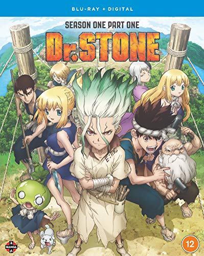 Dr. Stone Blu-ray cover featuring anime characters in a prehistoric landscape.