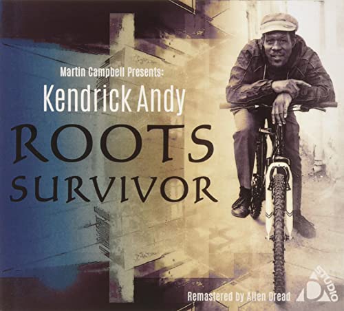 CD cover featuring Kendrick Andy on a bicycle, album title "Roots Survivor".