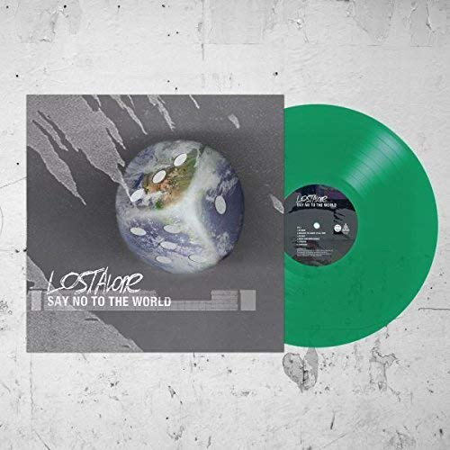 Lostalone album cover and green vinyl record against a concrete wall.