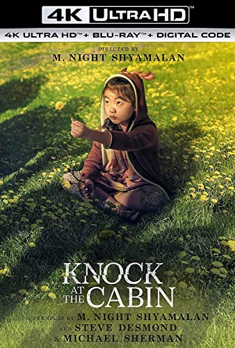 “Knock at the Cabin” Blu-ray cover featuring a young girl in a field.
