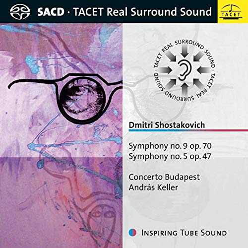 Album cover with abstract purple design, glasses, and text listing Shostakovich symphonies.