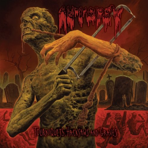 "Album cover art featuring a zombie-like figure with a hacksaw in a graveyard scene."