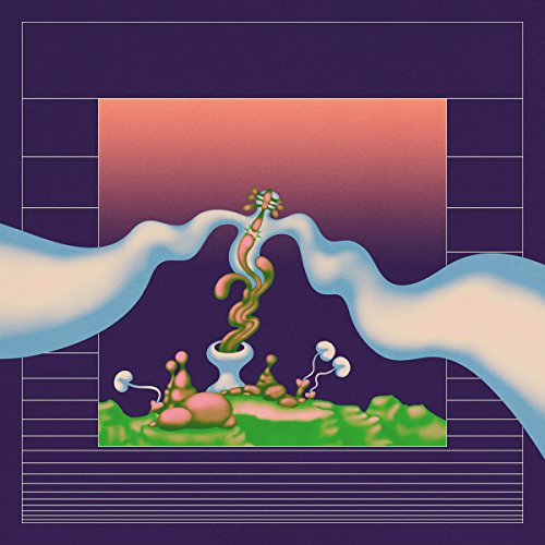 Stylized illustration of a volcano erupting within a geometric frame.