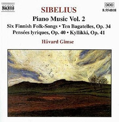A CD cover featuring a landscape painting and text describing Sibelius' piano music.