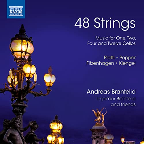 CD cover for "48 Strings" featuring a lamppost and cello music details.