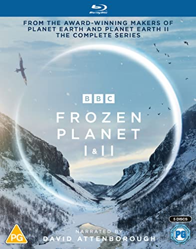 Blu-ray cover for "Frozen Planet I & II" featuring snowy landscapes and a bird.