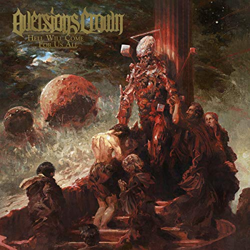 "Album cover art depicting a dark, eerie scene with robed figures and a giant skeleton."