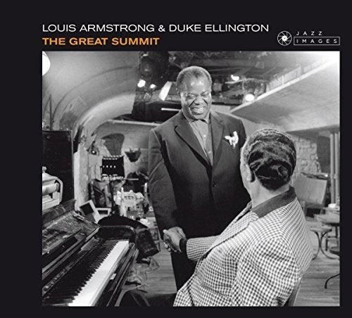 "Black-and-white CD cover featuring Louis Armstrong and Duke Ellington in a recording studio."