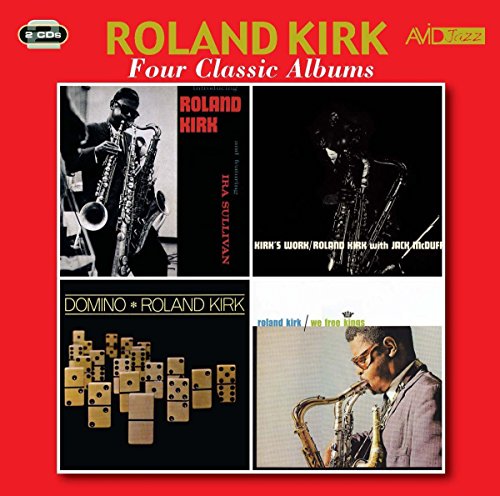Red album cover with four Roland Kirk album covers inside a white border.