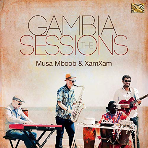 CD cover for "Gambia Sessions" featuring musicians playing instruments outdoors.