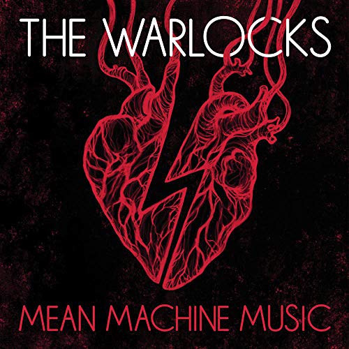 "Album cover with red heart and lightning bolt on black background, titled 'Mean Machine Music'."