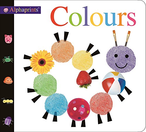 "Children's book cover with colorful caterpillar made of fingerprints, surrounded by various objects."