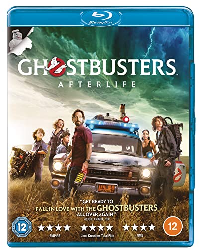 Ghostbusters: Afterlife Blu-ray cover featuring characters and the Ecto-1 car.