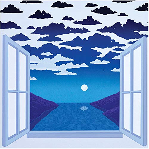 Blue album cover depicting open window framing sea and moonlit sky.