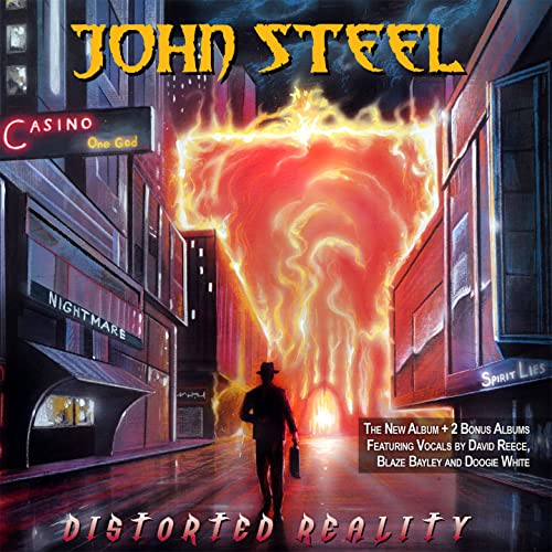 CD cover for John Steel’s “Distorted Reality” featuring fiery figure and city scene.