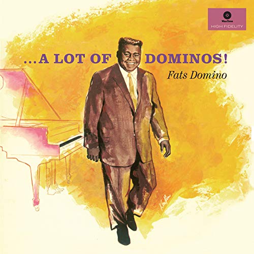 Fats Domino album cover, illustrated portrait with piano, vintage style.