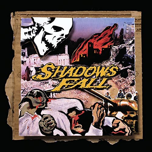 Collage artwork featuring a skull, war-torn ruins, a tank, and soldiers on cardboard.