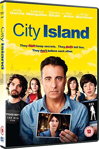 "DVD case for 'City Island' with main actor holding a photo, surrounded by other actors."