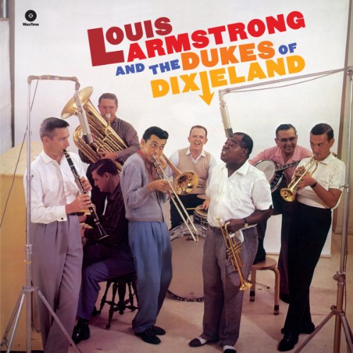 Louis Armstrong and his band, Dixieland, on a colorful album cover.