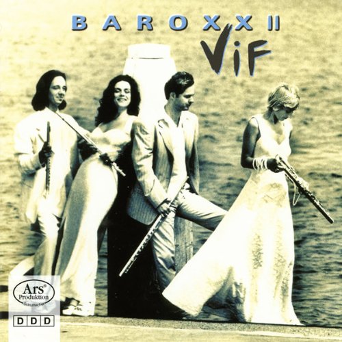 "CD cover with four musicians in white holding flutes, sepia-toned background."