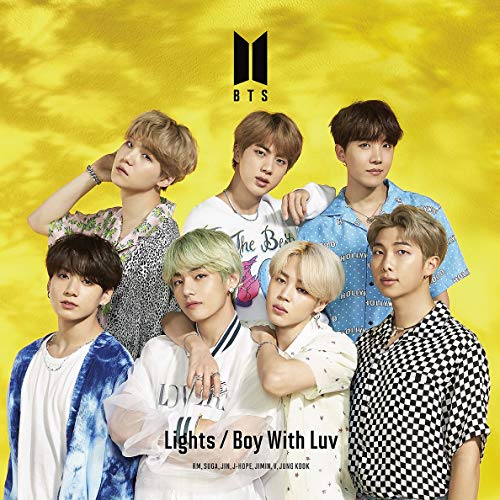 BTS group portrait with yellow tie-dye background, album cover art.