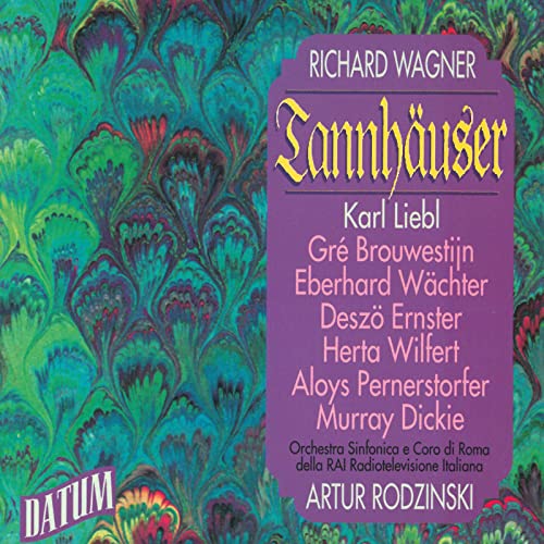 CD cover for Wagner's Tannhäuser with a purple text box over a marbled teal background.